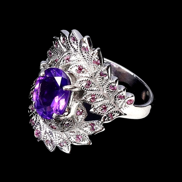 925 Sterling Silver Ring Sz 7.5 with Natural Amethyst 9x7mm & Rhodolite Garnet - Picture 3 of 3